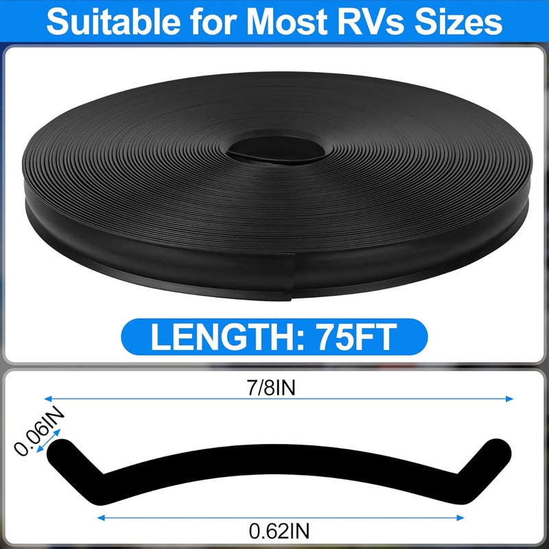 phepetroll 7/8" RV Trim Molding Insert, 75 FT Heavy Duty RV TPE Trim Molding Weather Stripping Exterior Replacement, Waterproof Screw Cover Corner for Camper Travel Trailer Boat Channel, Black - Image 2
